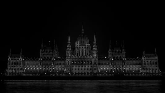 parlamentet, Ungarn, WB, svart, på natten, landskap, Budapest