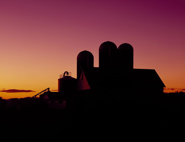 dairy barn, silhouette, sunset, agriculture, silos, dusk, twilight