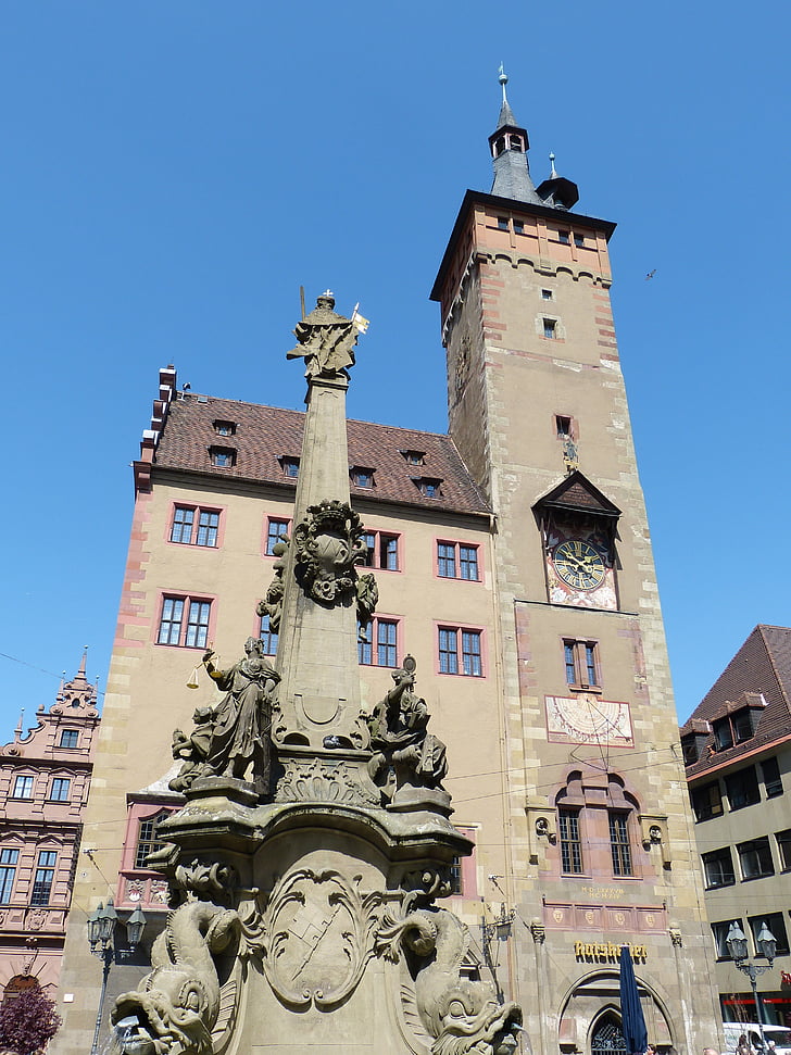 Würzburg, Bavorsko, švýcarské franky, městská radnice, historicky, Památník, věž