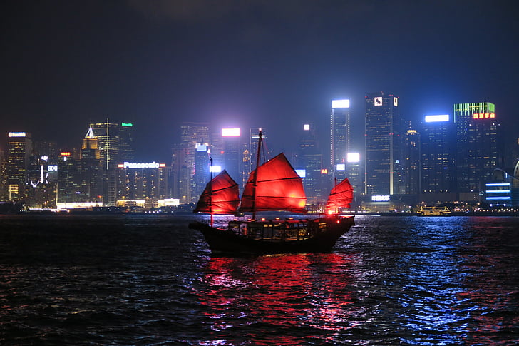 colgar de la kong, barco, noche, paisaje urbano, embarcación náutica, Hong kong, Puerto
