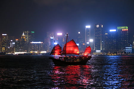 Hang kong, bateau, nuit, paysage urbain, bateau nautique, Hong kong, Harbor