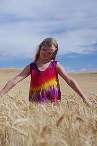 девочка, поле, Пшеница, Счастливый, небо