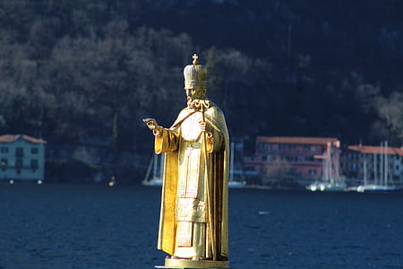 statue san nicola, statue, metal, yellow, lecco, santo, patron saint