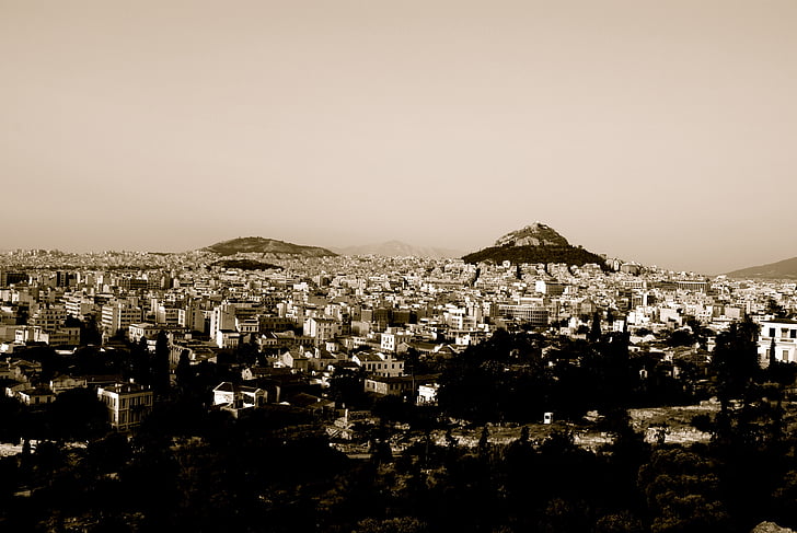 Řecko, Atény, město, velké město, Černobílý tisk, Panoráma města, Architektura