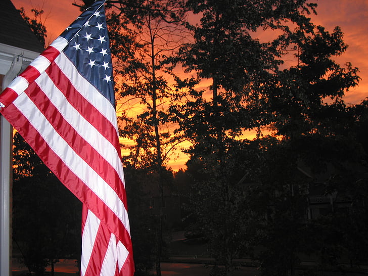 flag, american flag, sunset, usa, america, patriotic, independence
