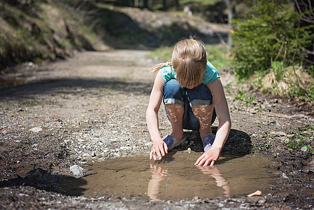 human, child, girl, blond, puddle, water-based paints, water