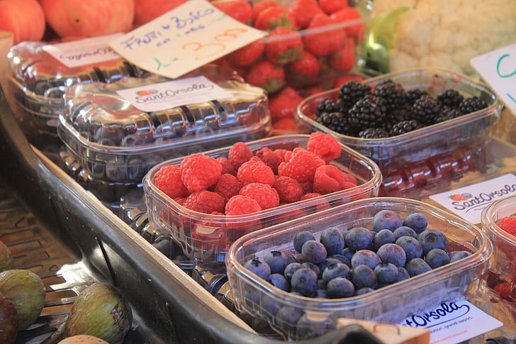 Berry, Raspberry, Blueberry, pasar, pasar petani lokal, Venesia, Italia