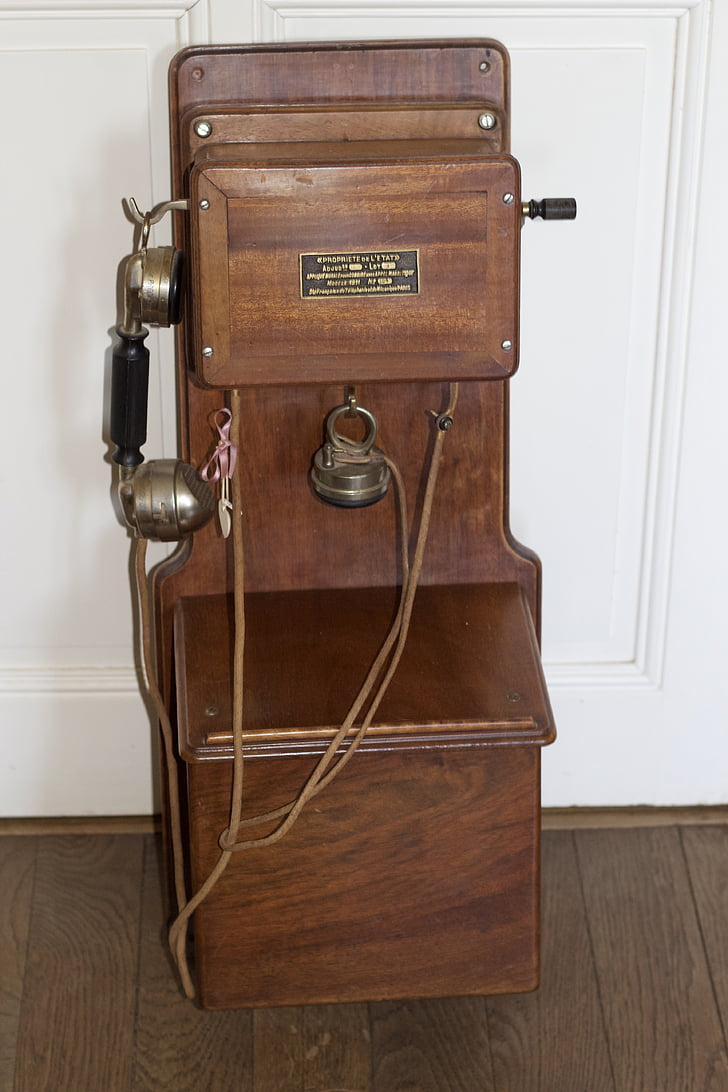 telefoni, suhelda, käsi, kohvi, retro, vana, puit - materjal