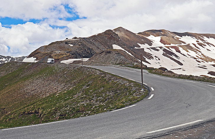 pass road, Mobilház, hegyi út, Col de la bonette, rock, kavics, hó