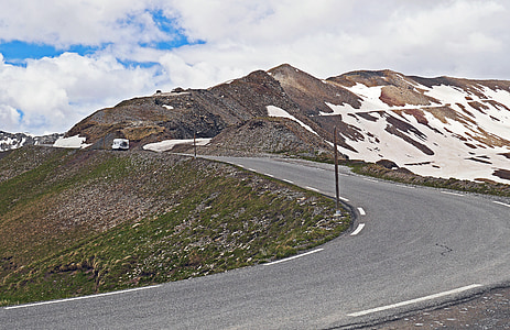 pass road, mobile home, mountain ride, col de la bonette, rock, gravel, snow