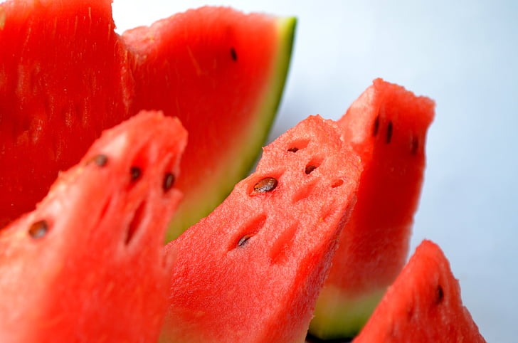 arbūzas, melionas, sumažinti, vaisiai, griežinėliais, raudona, šviežios