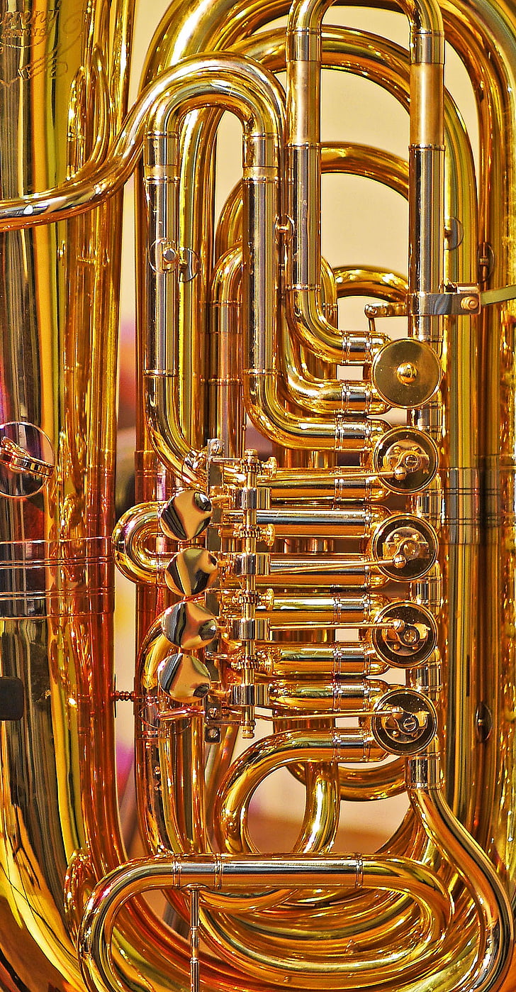 Tuba, Ventile, Rohr, glänzend, Instrument, Gold, Blechblasinstrument