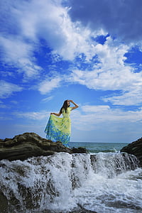 djevojka, plaža, more, nebo, haljina, priroda