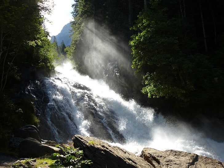 waterfall, mountain stream, forest, nature, summer, alpine, murmur