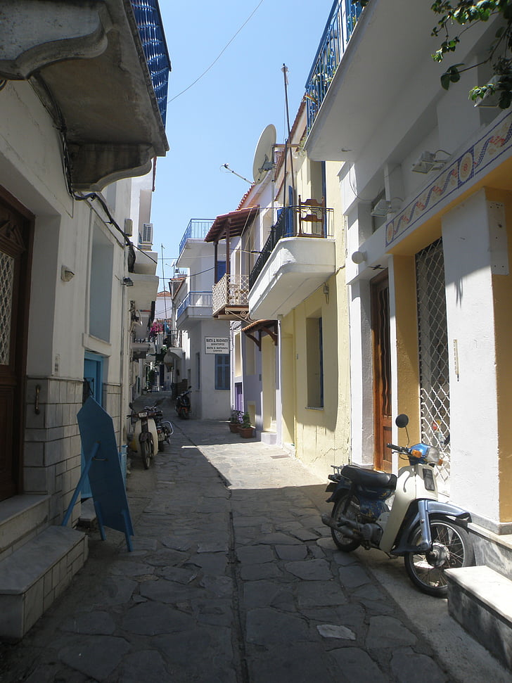 Grècia, carrer, cases, ombrejat, arquitectura, casa, ciutat
