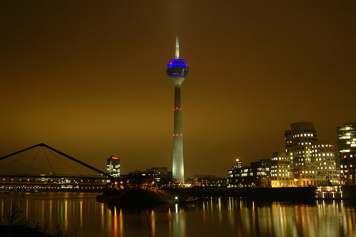 celní přístav, Düsseldorf, Rýn věž, zrcadlení, Media harbour, televizní věž, Marina