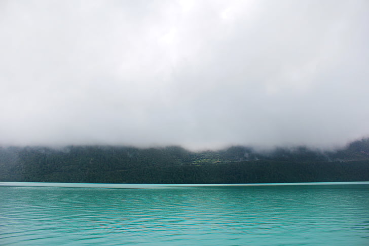 clouds, covering, mountain, near, body, water, landscape