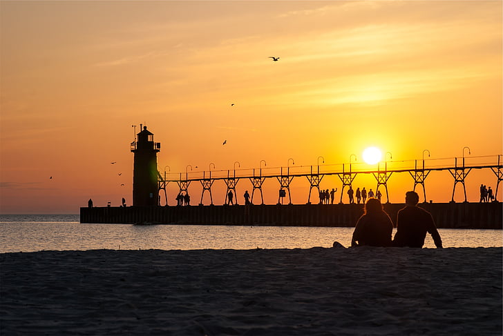 zwei, Person, Seashore, Leuchtturm, Sonnenuntergang, Himmel, Pier