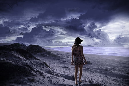 alone, woman, beach, lonely, sea, women, nature
