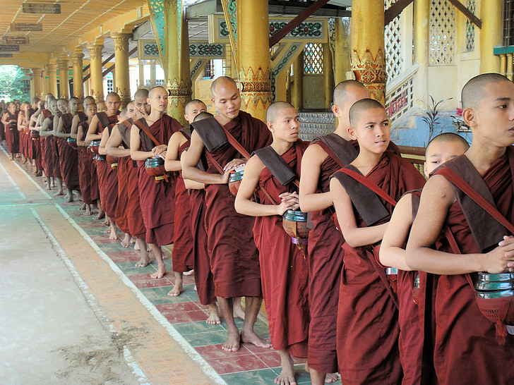 Boeddhisme, monniken, lunch, voedsel, lunch, middagmaaltijd, klooster