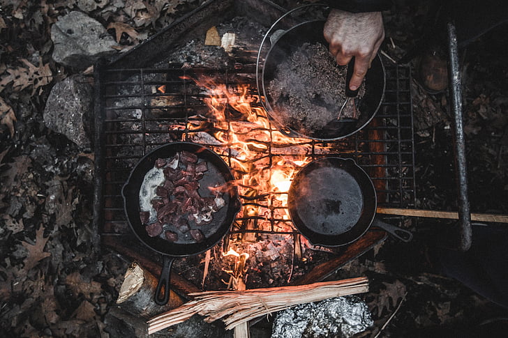 person, cooking, using, firewood, grill, camp, food