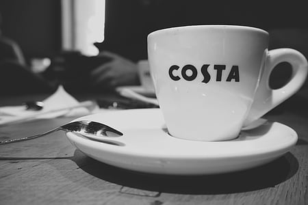 beverage, black-and-white, close-up, coffee cup, costa, cup, cup of coffee