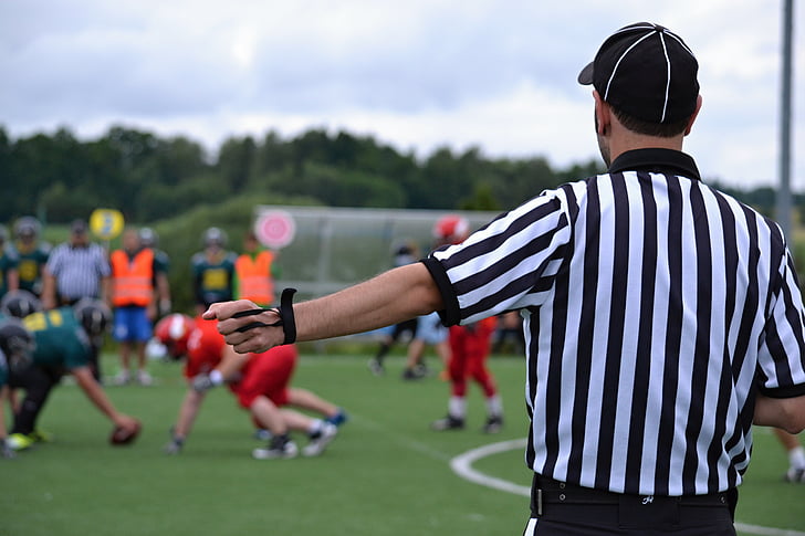 american football, referee, football, contact game, black and white clothing, lag, sport