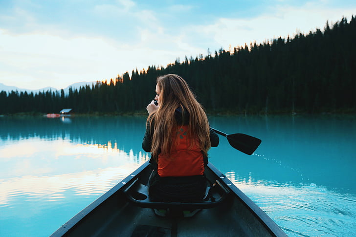 female, kayaking, nature, person, river, trees, water