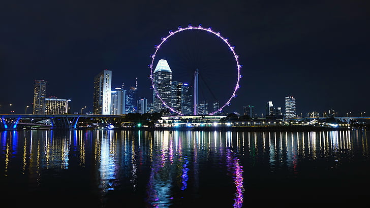 singapore, ferris wheel, big wheel, river, skyline, building, water