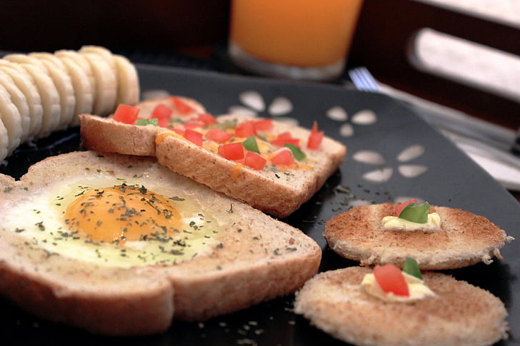 Raňajky, ráno, tanier, jesť, chlieb, Toast, vajcia