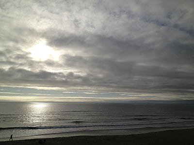 пляж, песок, океан, Приморский, Закат, облака, небо
