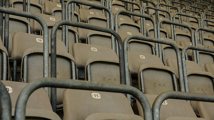 Stadion, tempat duduk, monoton, kosong, plastik, kursi, baris