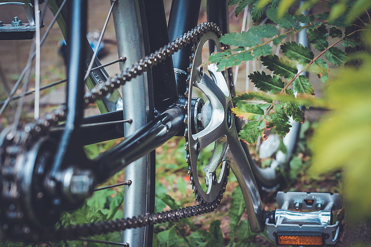 vélo, vélo, chaîne, fer, feuilles, machine, nature
