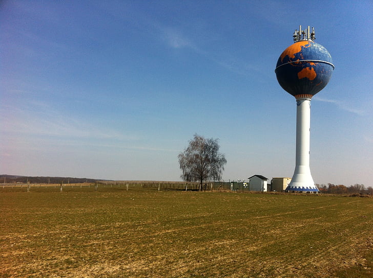 globe, water tower, field, walk, landscape, sky
