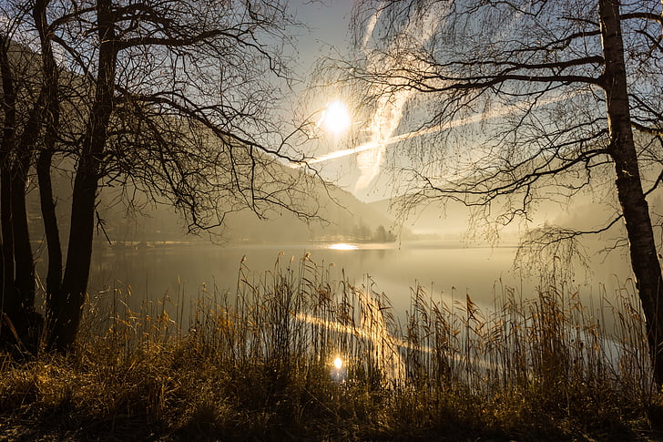 jezero, Příroda, přírodní jezero, krajina, podzim, Západ slunce, mlha