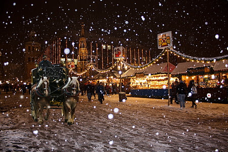 Christmas, Nuremberg, marché de Noël, buden Noël, flocons de neige, autocar, carte de Noël