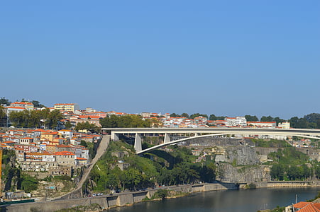 изглед, река, град, мост, покриви, къщи, Португалия