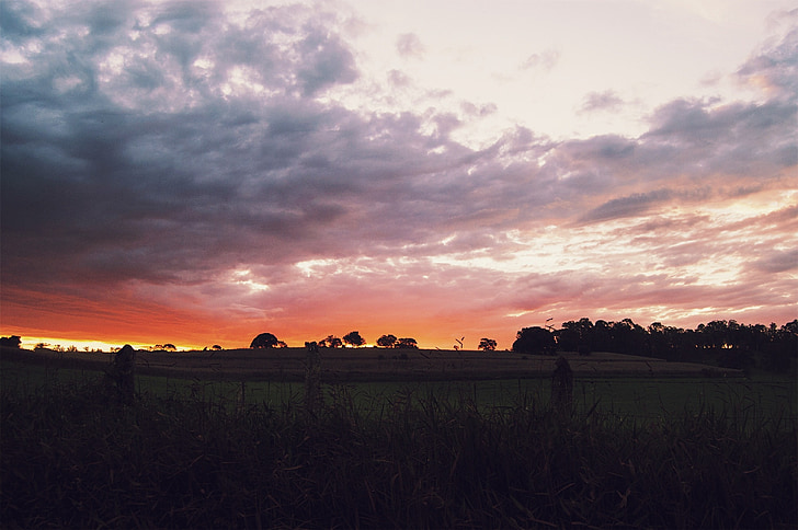 sunset, dusk, rural, countryside, fields, clouds, sky