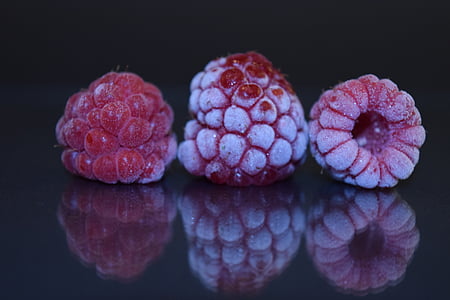 raspberries, red, close, frozen, frosted, ice, mirroring