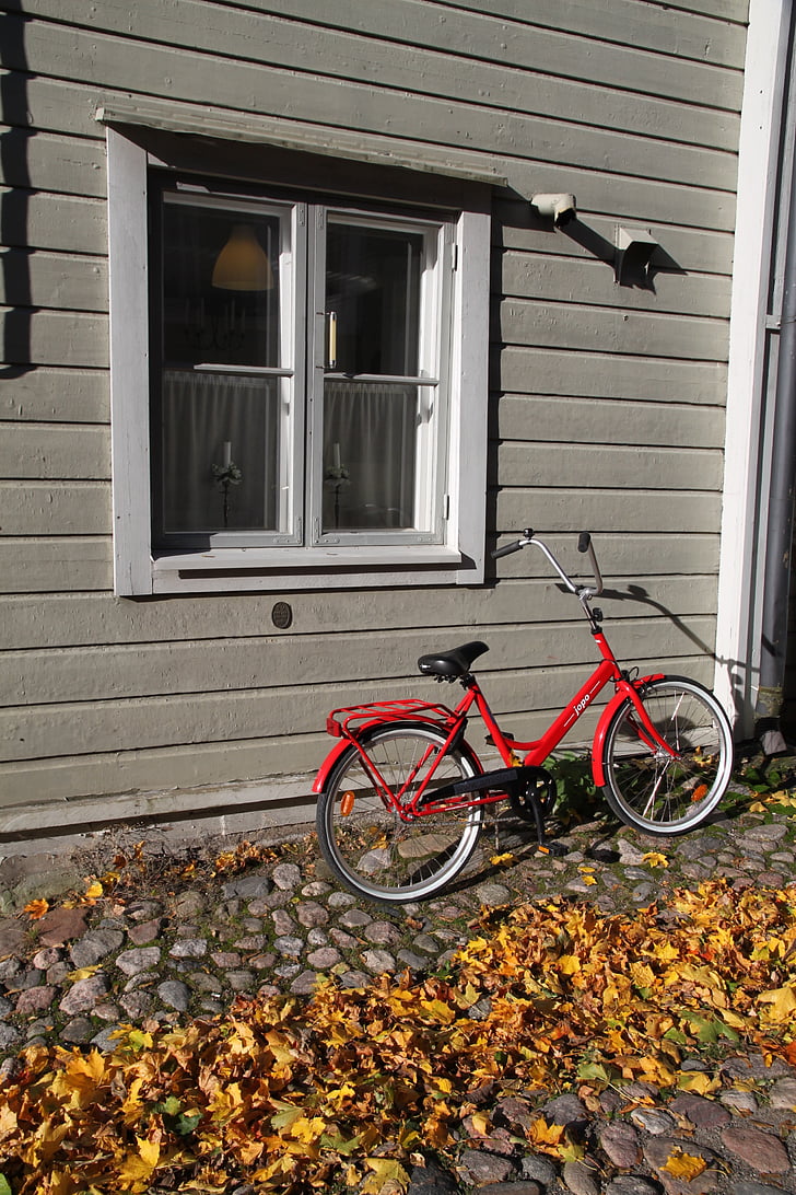 dviratis, rudenį, įkvėpti, lapų, keisti, pastato išorė, langas