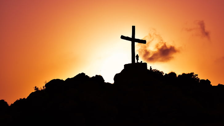 Cruz, colina, puesta de sol, sombras, religión, cristianismo, silueta