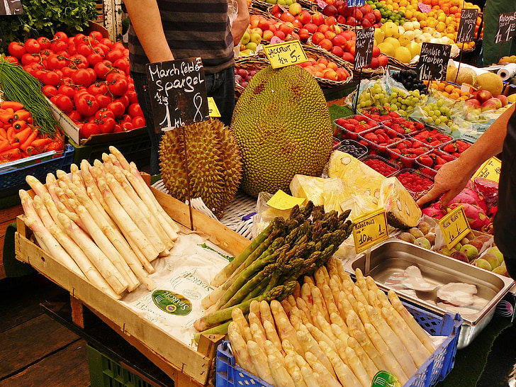 kios pasar, pasar, sayuran berdiri, asparagus, penjualan berdiri, Makanan, sayuran