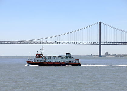 ship, ferry, lisbon, atlantic, transport, bridge, suspension bridge