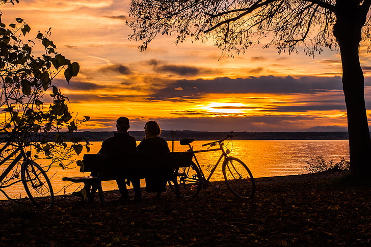 залез, двойка, Боденското езеро, abendstimmung, повече, обиколка с колела, вода