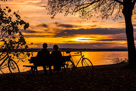 日落, 夫妇, 康斯坦茨湖, abendstimmung, 更多, 自行车之旅, 水