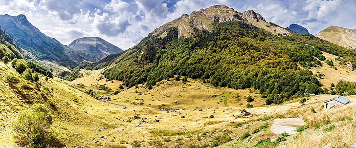 nature, landscape, panorama, mountains, hut, river, view
