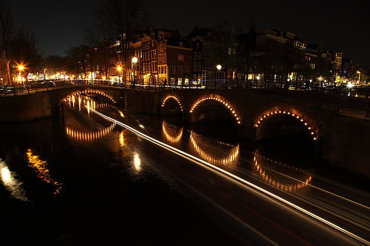 мост, мосты, фары, ночь, Амстердам, Голландия, Нидерланды