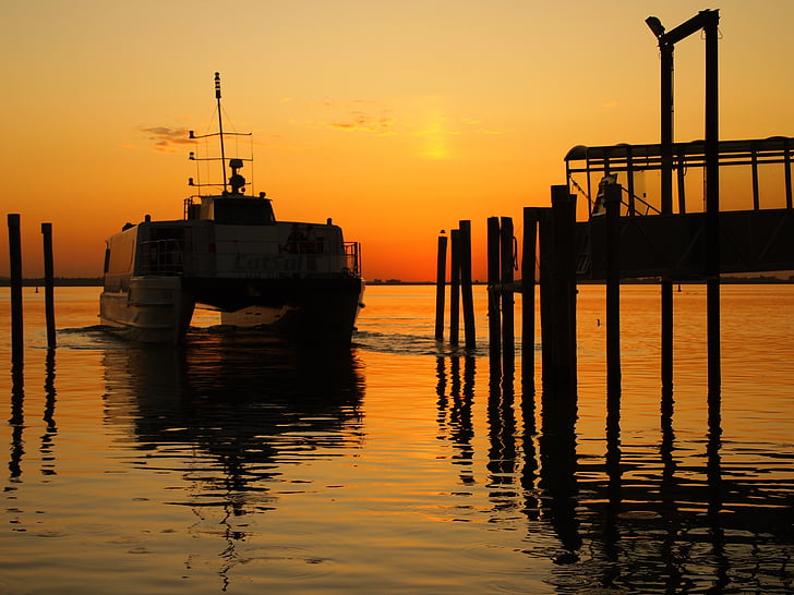 road, sunset, pier, boat, catamaran, silhouette, orange