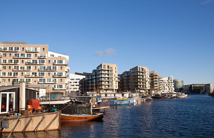 Apartmaji, hiše, Kopenhagen, Danska, Harbour, kanal, čolni