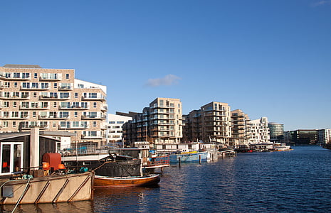 Appartments, hus, Köpenhamn, Danmark, hamnen, Canal, båtar